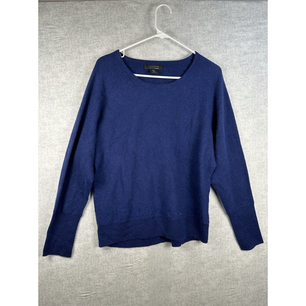 Tahari 100% 2-Ply Cashmere Sweater Women Medium Blue Round Neck Soft Luxury Knit